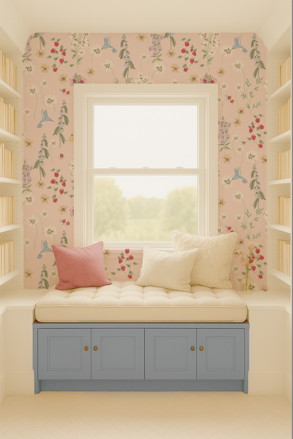 Floral hummingbird wallpaper in cozy reading nook with blush tones and pastel cushions.