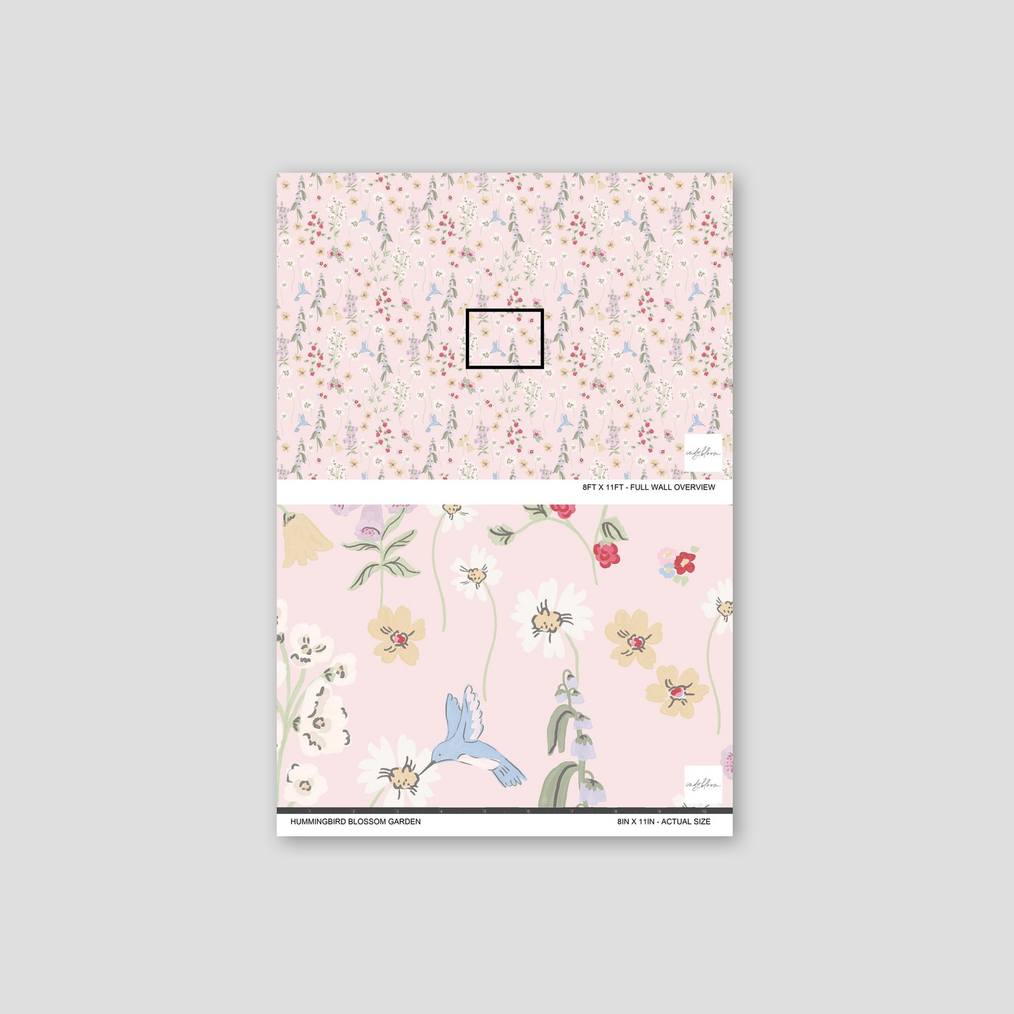 Hummingbird and floral pattern on blush wallpaper sample.