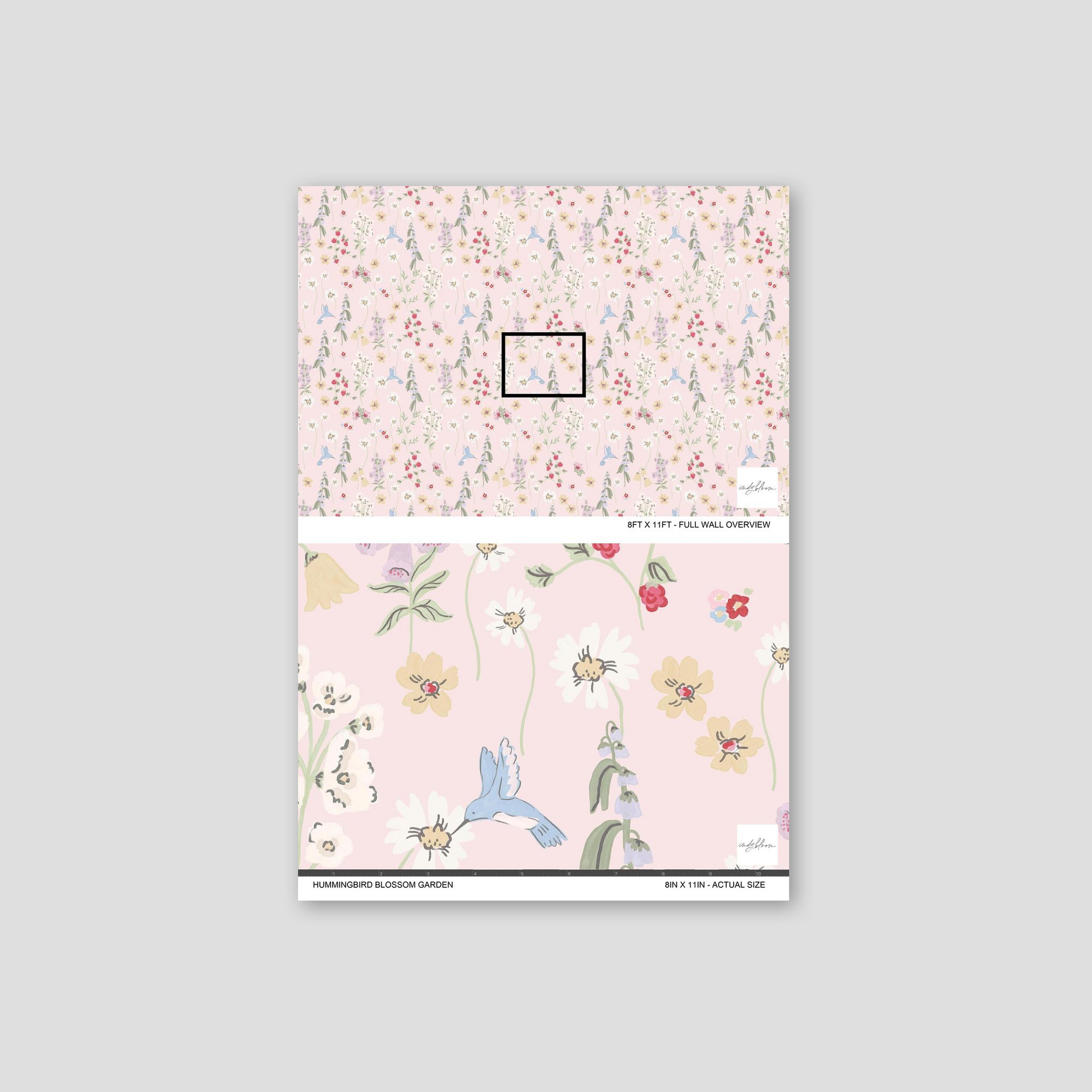 Hummingbird and floral pattern on blush wallpaper sample.