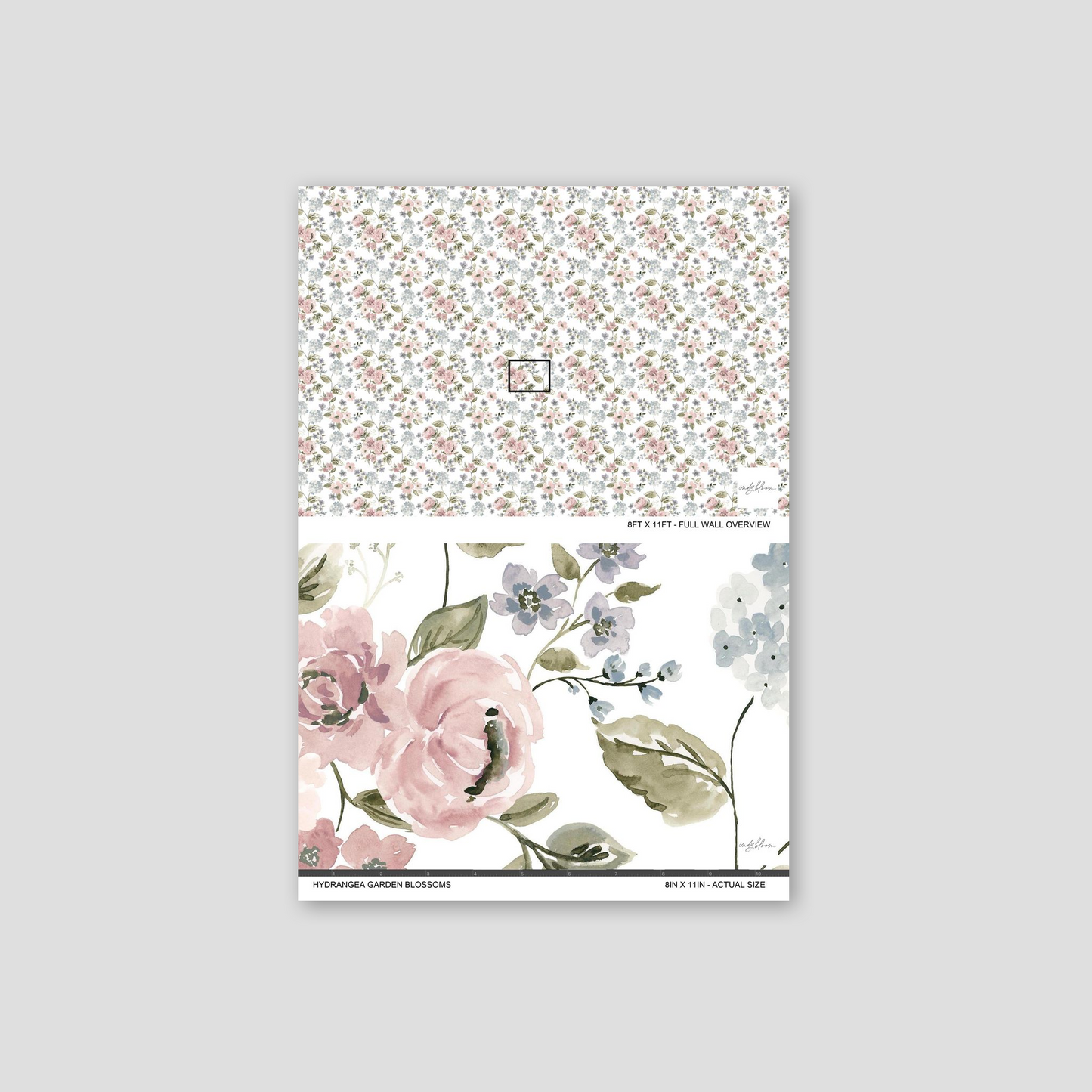 Hydrangea garden blossoms wallpaper with blush pink and light blue floral design.