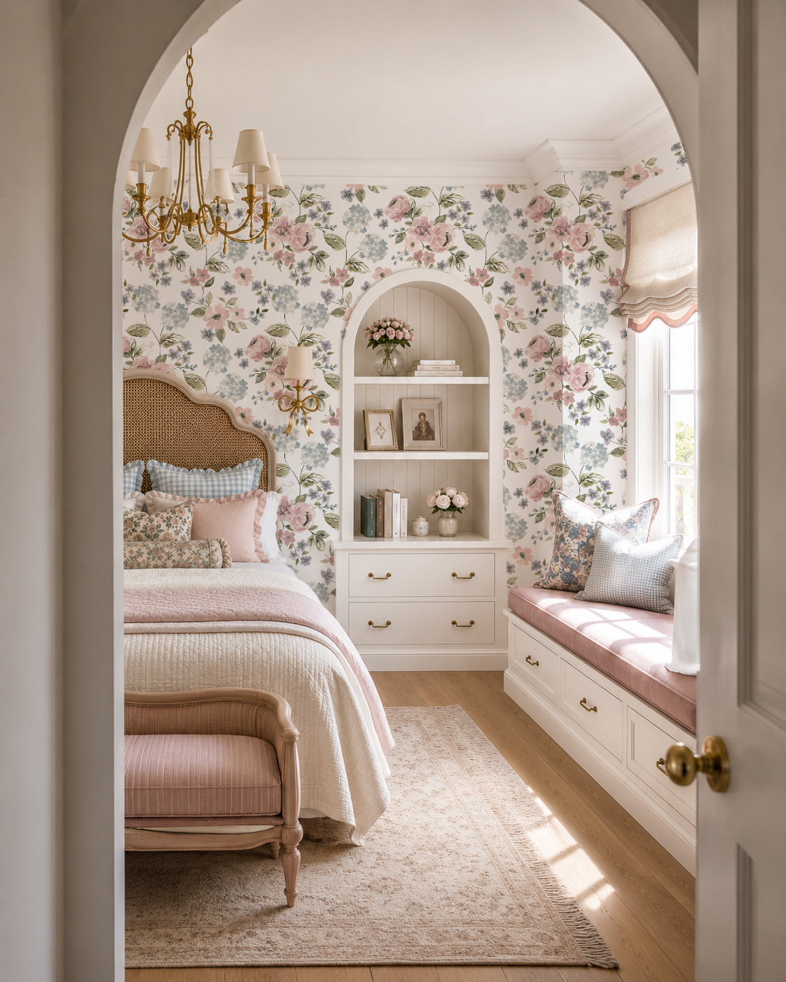 Floral wallpaper with pink and blue hydrangeas in vintage bedroom setting.