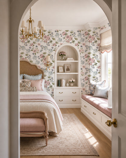 Floral wallpaper with pink and blue hydrangeas in vintage bedroom setting.