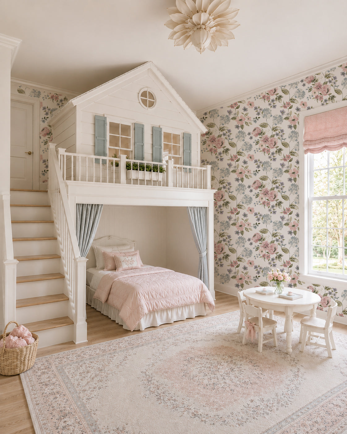 Hydrangea garden blossoms wallpaper in a whimsical nursery with blush and blue hues.
