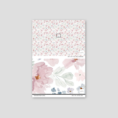 Kennadee rose floral wallpaper with blush pink, soft blue, and sage green watercolor flowers.