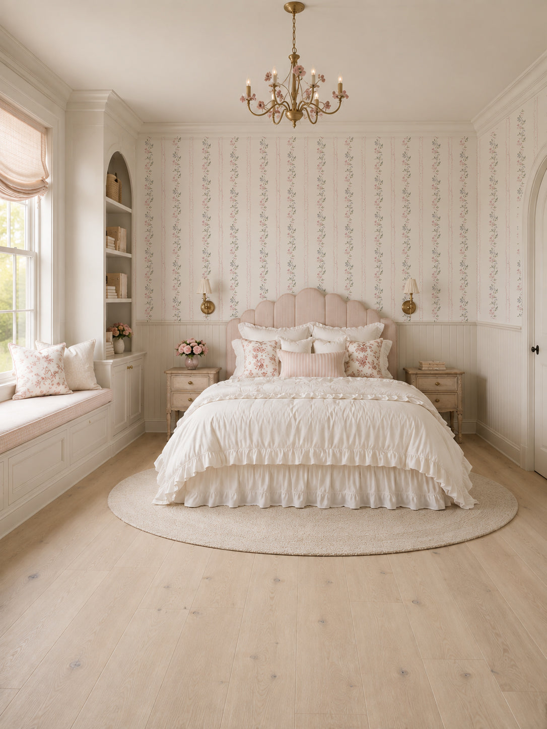 Bedroom with Lacey Lou floral wallpaper, soft pink and blue flowers, classic decor.