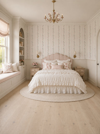 Bedroom with Lacey Lou floral wallpaper, soft pink and blue flowers, classic decor.