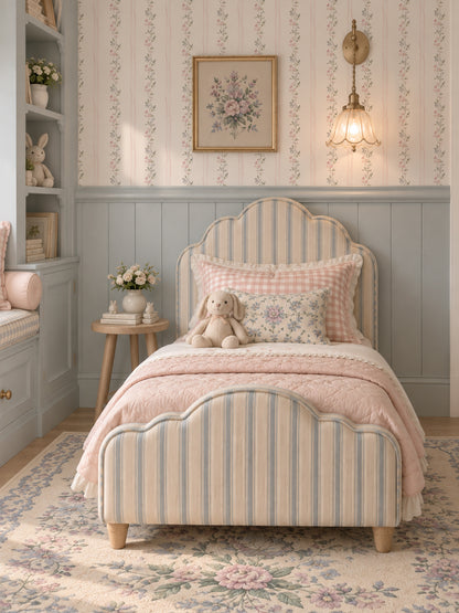 Bedroom with Lacey Lou floral wallpaper, pastel bedding, and vintage decor.