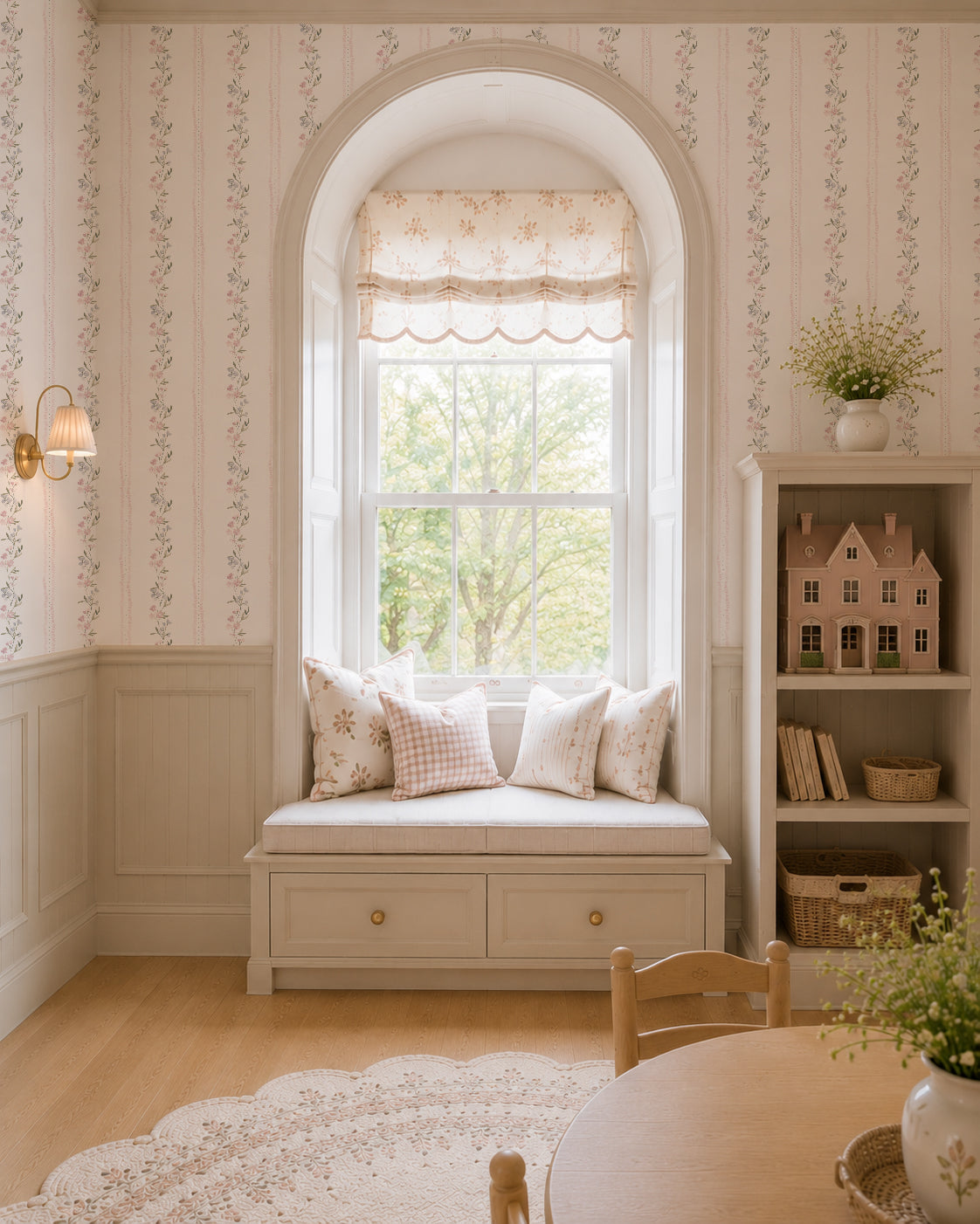 Lacey Lou floral wallpaper in cozy nook with window seat, soft colors, and vintage decor.