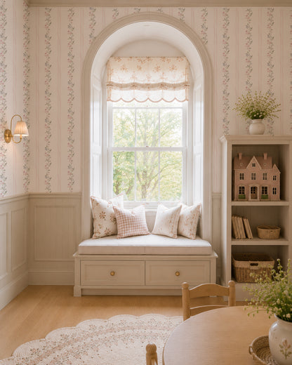 Lacey Lou floral wallpaper in cozy nook with window seat, soft colors, and vintage decor.