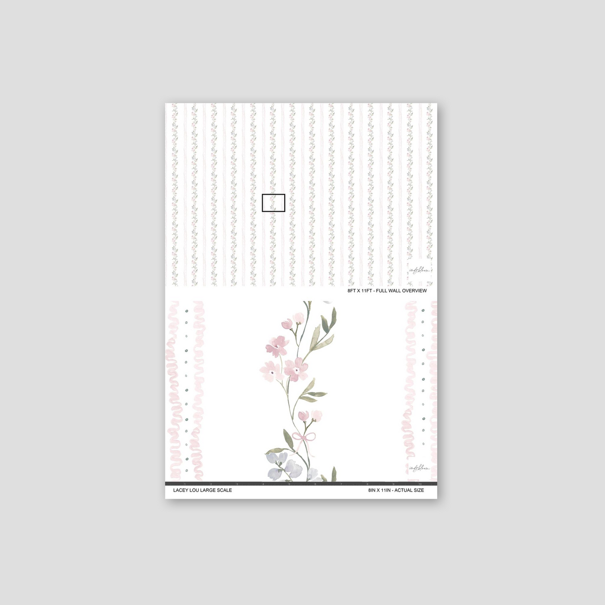 Lacey Lou wallpaper sample with vertical floral motifs in pink, blue, and green on white
