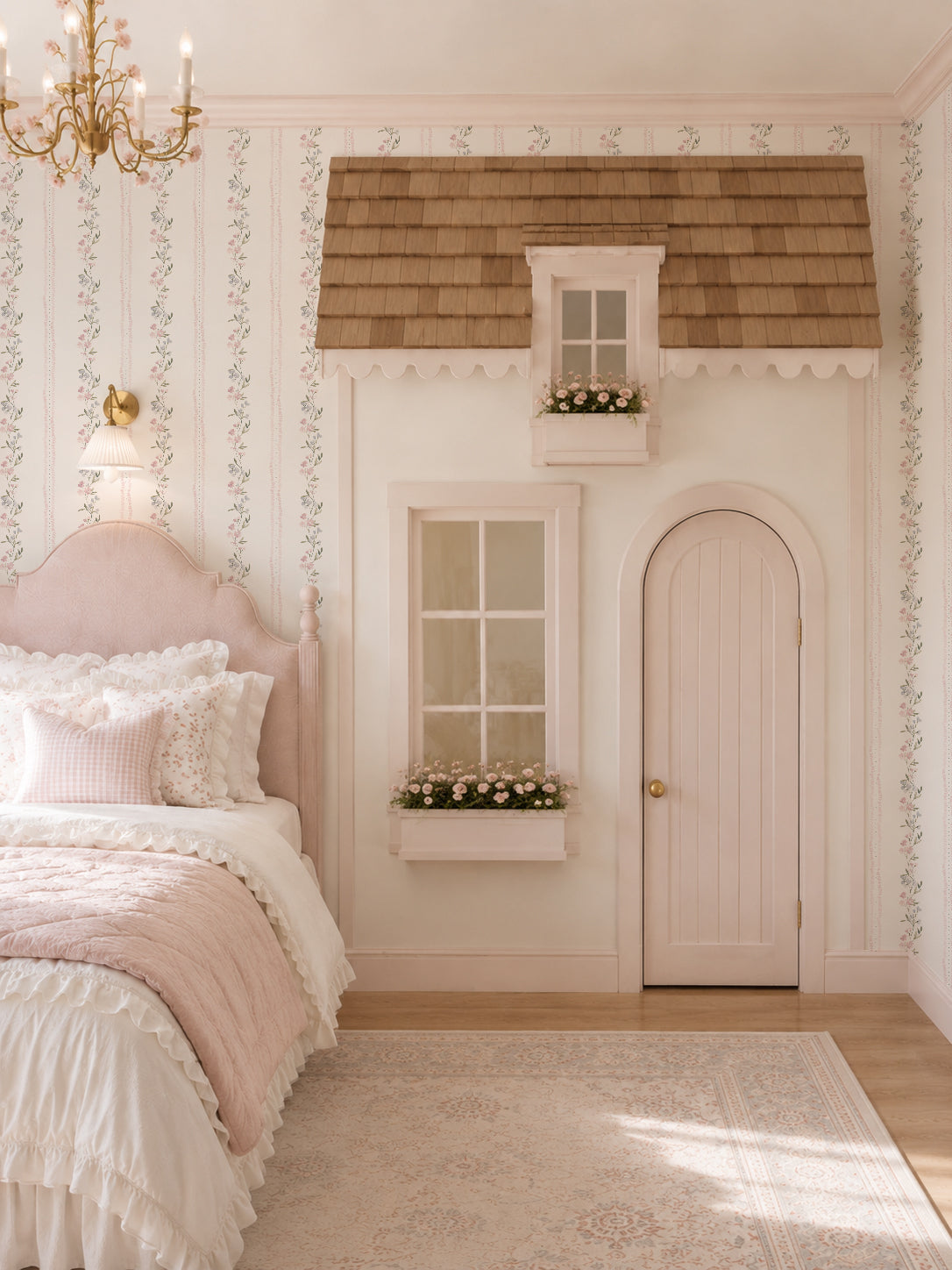 Romantic bedroom with floral wallpaper, pink bed, and cottage decor.
