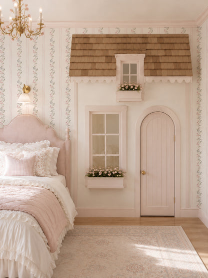 Romantic bedroom with floral wallpaper, pink bed, and cottage decor.