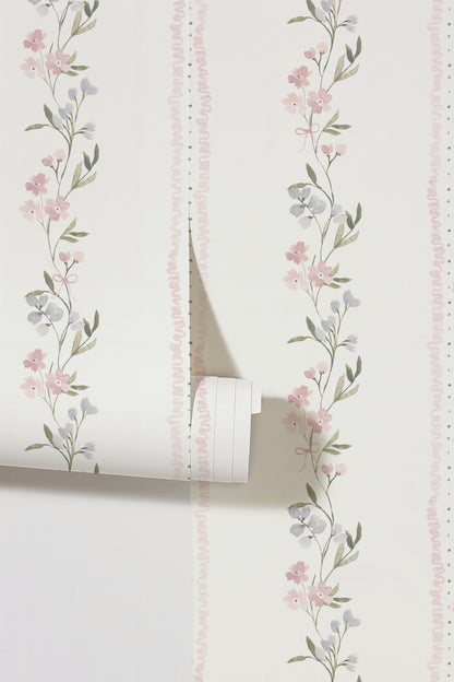 Lacey Lou Large Scale wallpaper with pink and blue floral vertical stripes on white background.