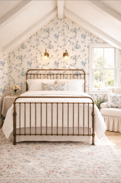 Bedroom with floral lavender hydrangea wallpaper, metal bed, and soft lighting.