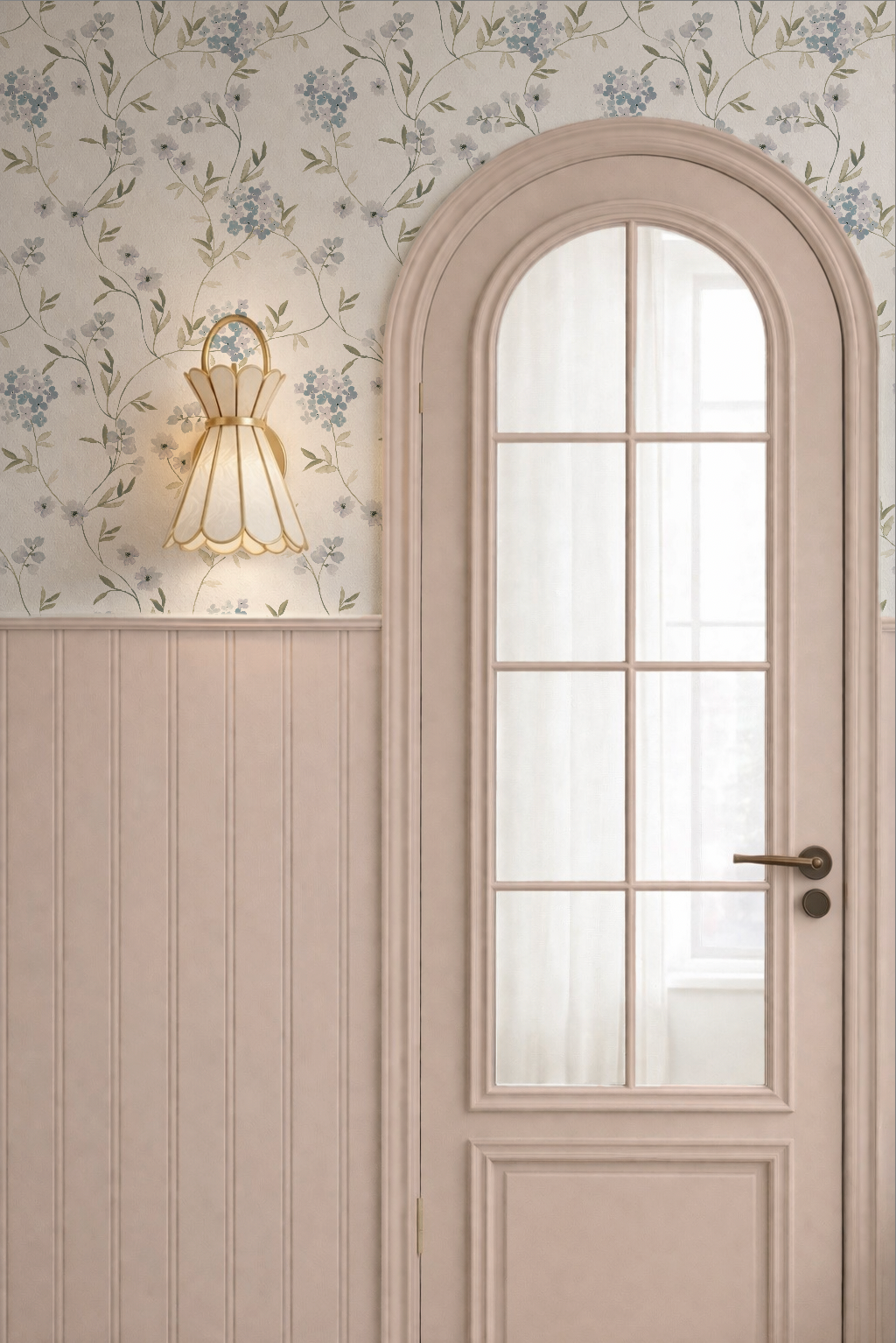 Floral wallpaper with lavender hydrangeas and foliage in elegant room with arched door.