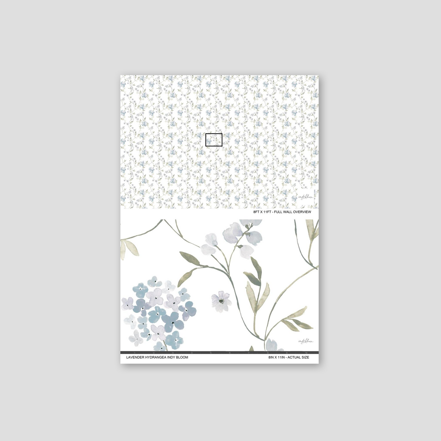 Lavender hydrangea wallpaper with soft floral pattern and delicate foliage.