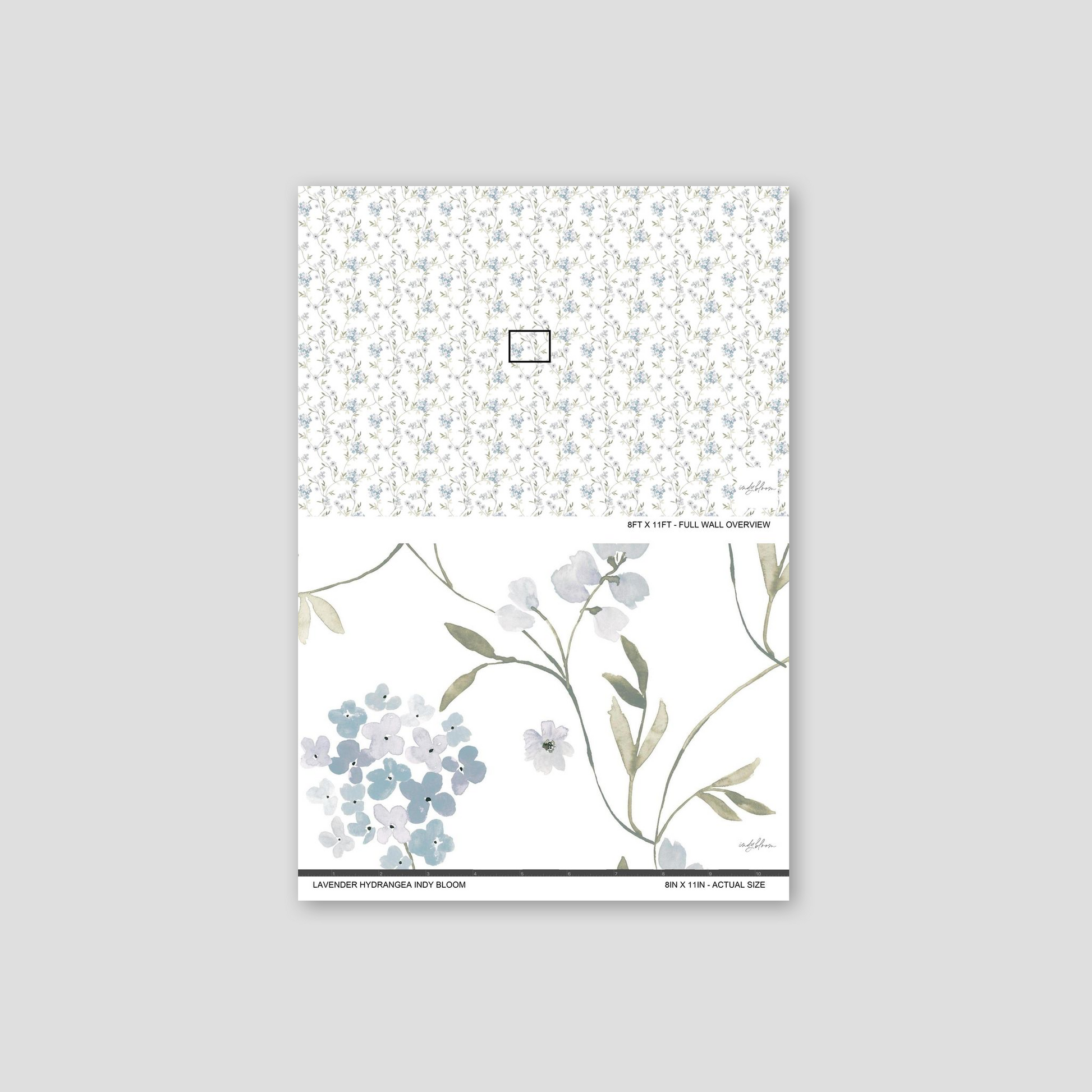 Lavender hydrangea wallpaper with soft floral pattern and delicate foliage.