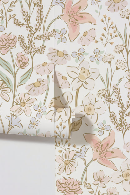 Lily Garden in Blush Small wallpaper with floral pattern in soft blush and green tones.