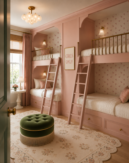 Pink floral wallpaper in a cozy girls' bedroom with bunk beds and vintage decor.