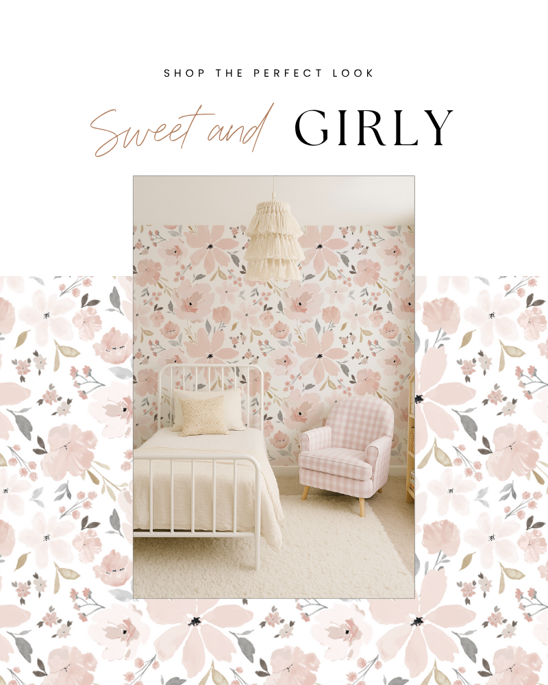 Nursery with floral wallpaper, crib, and chair with 'Sweet and Girly' text.