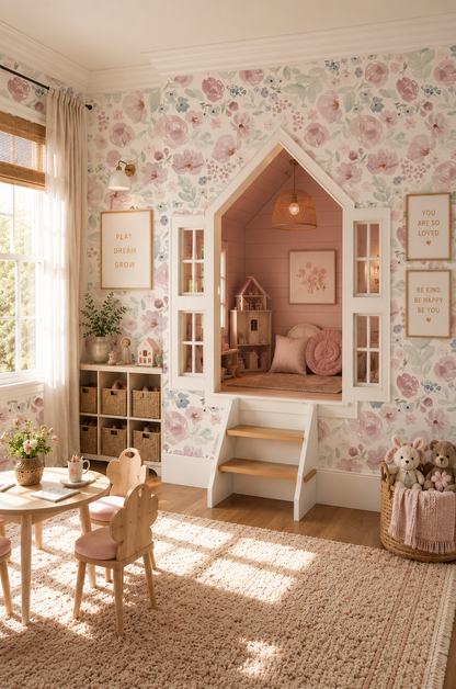 Romantic floral wallpaper with blush pink and sage green roses in a cozy children's room.