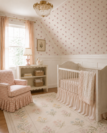 Rosette floral wallpaper with soft pink blooms in a cozy vintage-style nursery.
