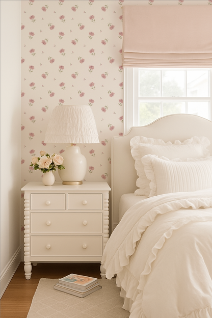 Rosette floral wallpaper with soft pink blooms in elegant bedroom setting.