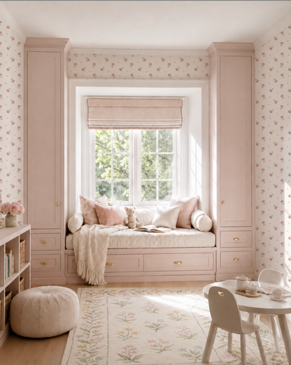 Rosette floral wallpaper with soft pink blooms in cozy window nook setting.