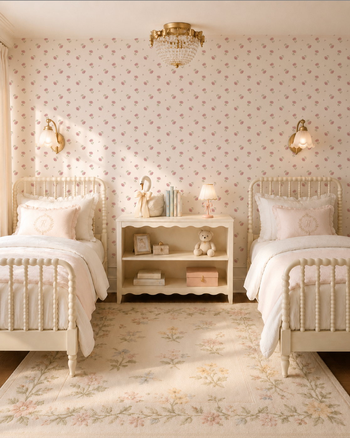 Rosette floral wallpaper in twin bedroom with soft pink blooms and vintage decor.