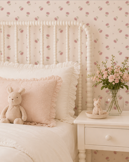Soft pink floral wallpaper in cozy bedroom with white bed and plush toys.