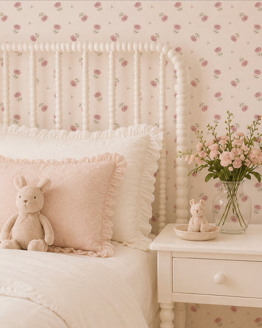 Soft pink floral wallpaper in cozy bedroom with white bed and plush toys.