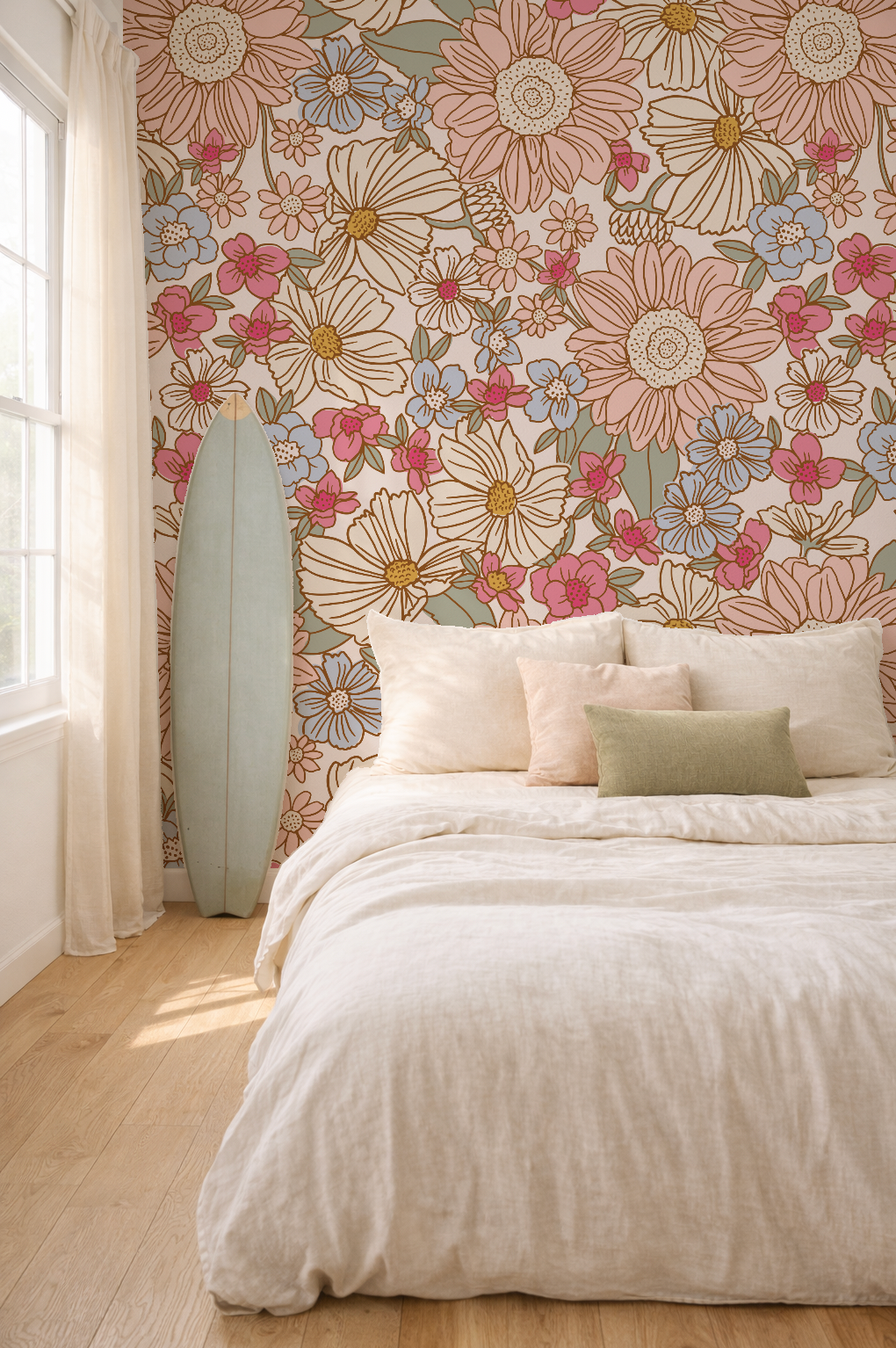 Bedroom with floral wallpaper and white bedding