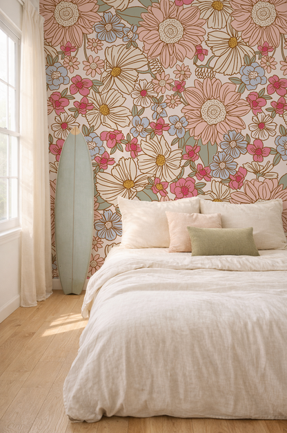Bedroom with floral wallpaper and white bedding