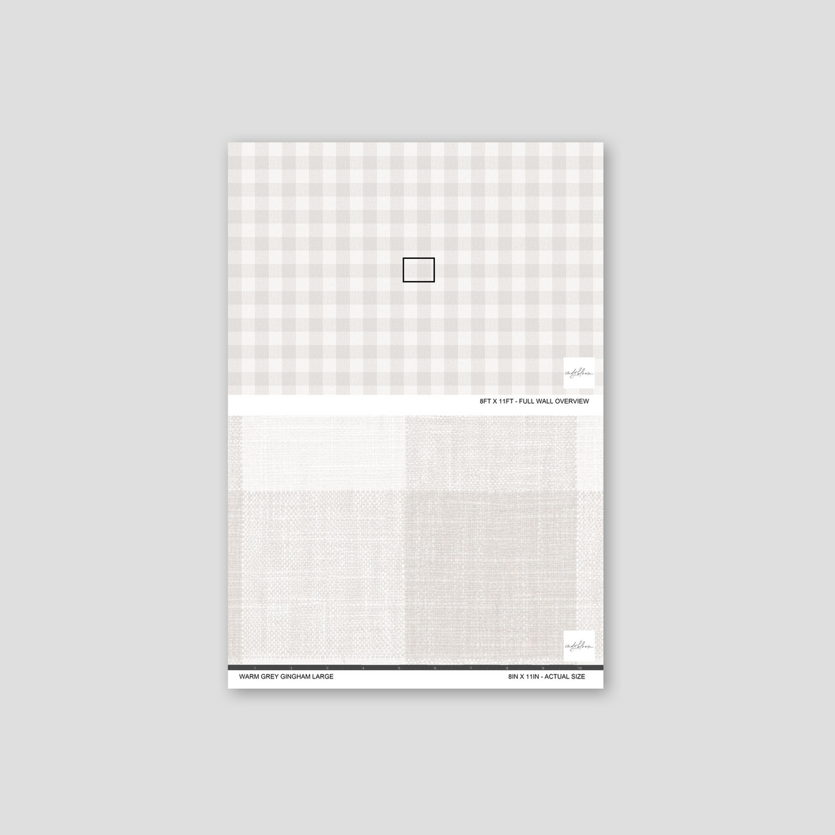 Warm grey gingham large checkered wallpaper sample with soft grey tones.