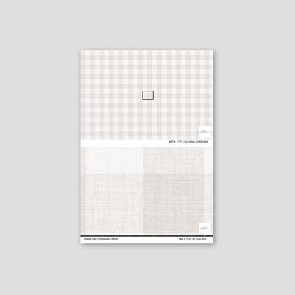 Warm grey gingham large checkered wallpaper sample with soft grey tones.