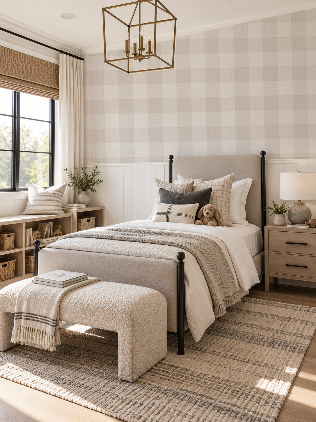 Warm grey gingham wallpaper in cozy bedroom with neutral decor and natural light.