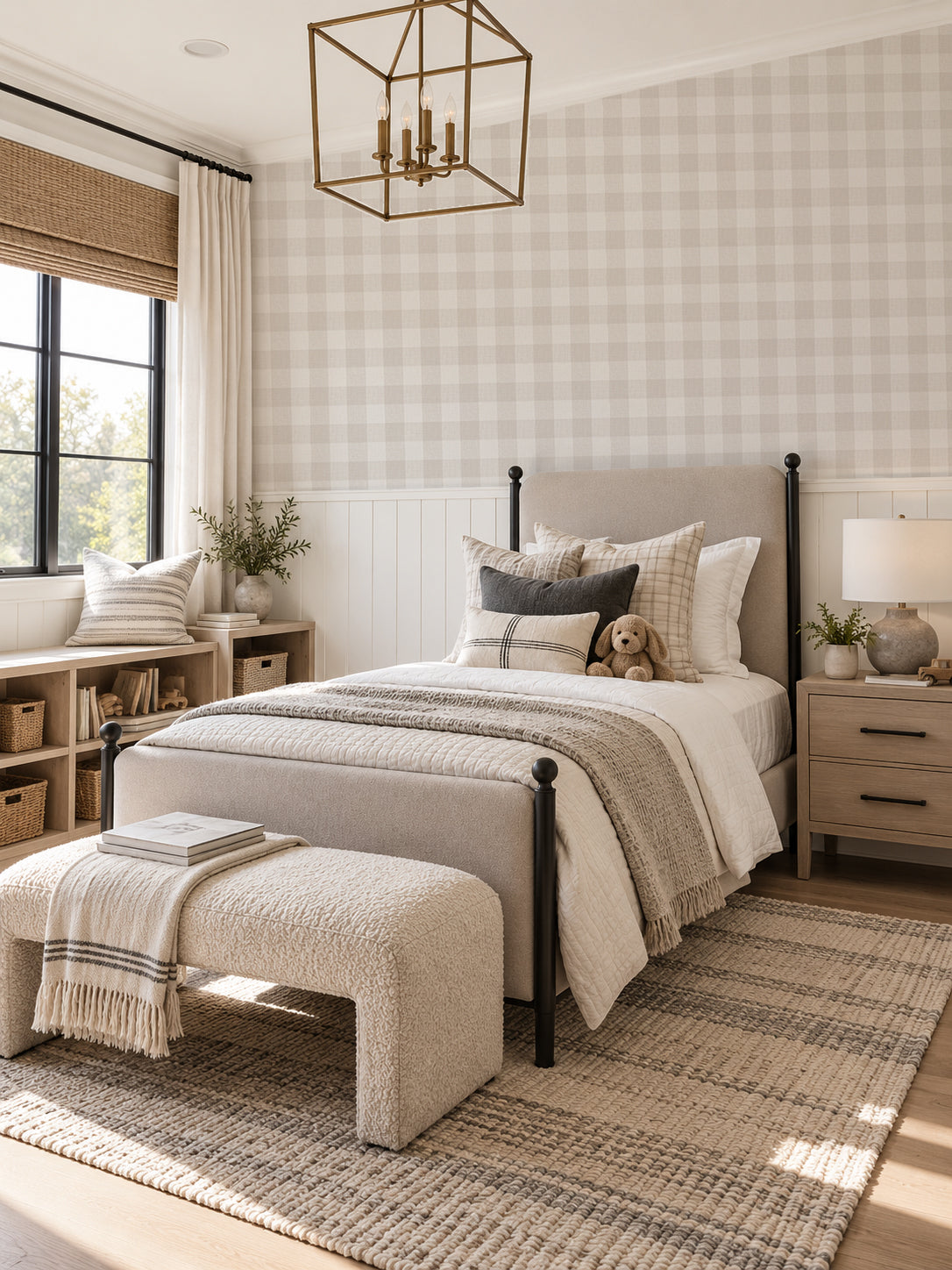 Warm grey gingham wallpaper in serene bedroom with cozy decor.