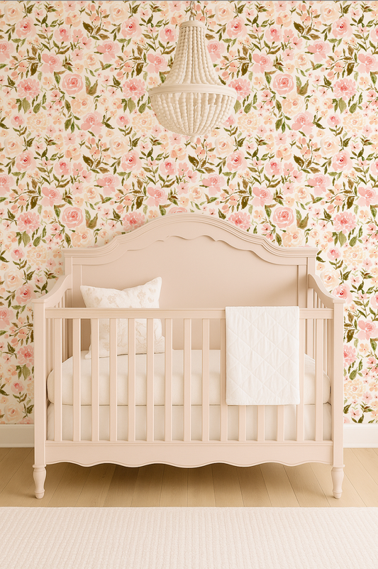Crib in a room with floral wallpaper and a chandelier.