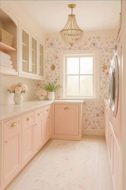 Pink laundry room with floral wallpaper, cabinets, and a window.
